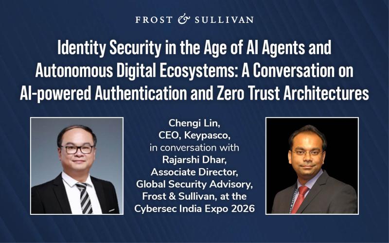 Frost & Sullivan 身分安全訪談圖卡，林正一與 Rajarshi Dhar 討論 AI Agent、身分驗證與零信任